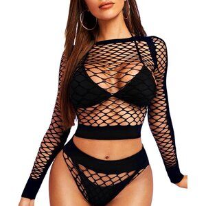 🆕Women Black Mesh Fishnet Lingerie Babydoll Bodysuit See Through Long Sleeve